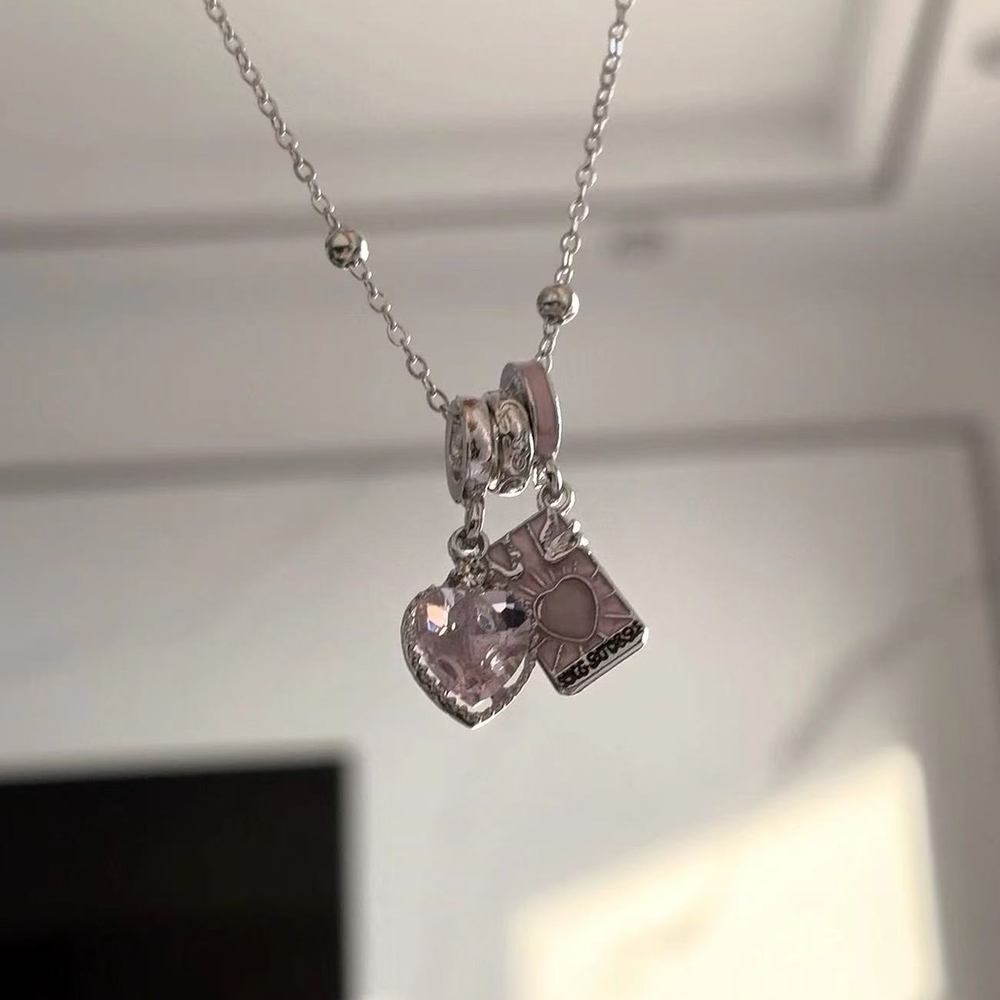Silver Necklace with Pink Heart and Charm Pendant